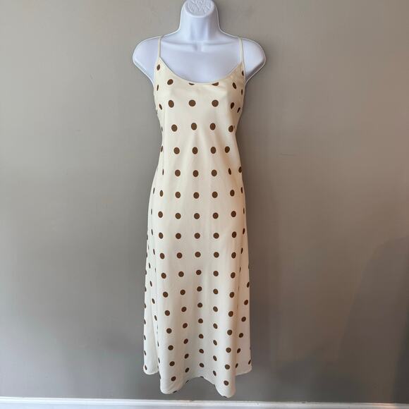 Jenni Kayne Slip Dress Caramel Dot Midi Sz 10 Cream Classic Timeless Feminine - Picture 4 of 15